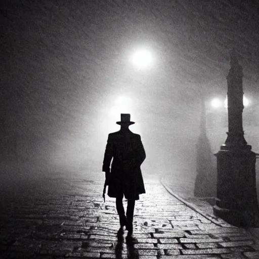 Prompt: London at night, deep fog, jack the ripper walks looking for his next victim, by Michelangelo