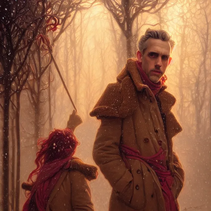 Image similar to psychedelic snowfall Jordan Peterson, diffuse lighting, fantasy, intricate, elegant, highly detailed, lifelike, photorealistic, digital painting, artstation, illustration, concept art, smooth, sharp focus, art by John Collier and Albert Aublet and Krenz Cushart and Artem Demura and Alphonse Mucha