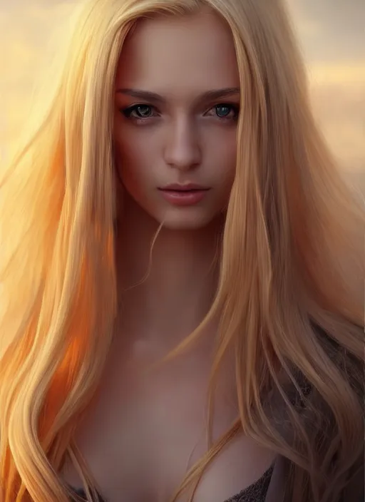 Image similar to photo of a gorgeous female with long blonde hair in the style of stefan kostic, realistic, full body shot, wide angle, sharp focus, 8 k high definition, insanely detailed, intricate, elegant, art by stanley lau and artgerm, floating embers