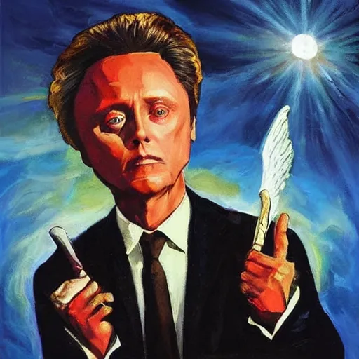 Image similar to Christopher Walken painted like a Saint with halo behind head, angels flying aound.