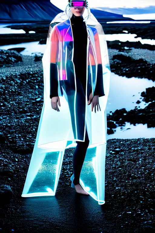 Image similar to an ultra high definition professional high fashion portrait studio full length photograph of a model wearing a transparent pearlescent raincoat and neon visor in an icelandic black rock environment at dawn. no artefacts. extremely detailed. stark. refraction. shallow depth of field. volumetric light and shadow. ray tracing. light rays.