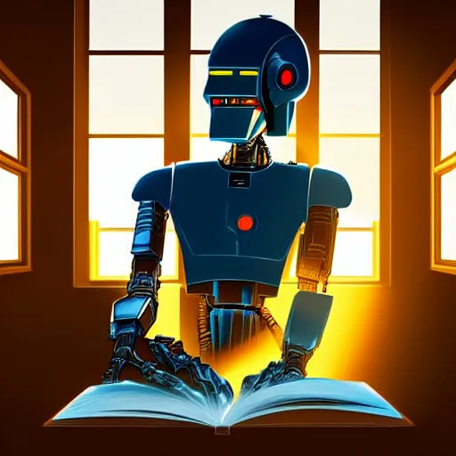 Image similar to digital painting of a droid robot reading a book, concept art, sunlight pouring through window, large scale, high detail, futuristic, godrays, volumetric lighting, warm lighting