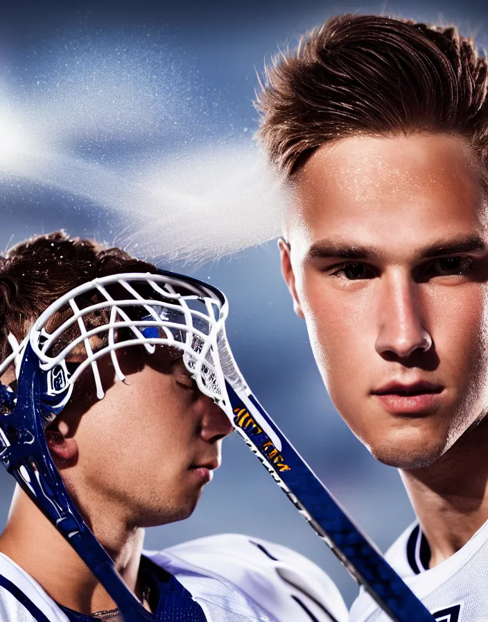 Image similar to closeup portrait of very beautiful cute male lacrosse player in a penn state stadium, glamour pose, particle effects, backlit, highly detailed, soft ambient lighting, sharp focus, rule of thirds, artgerm, wlop, arney freytag, rossdraws, frank frazetta, andrei riabovitchev, hd, octane, 4 k