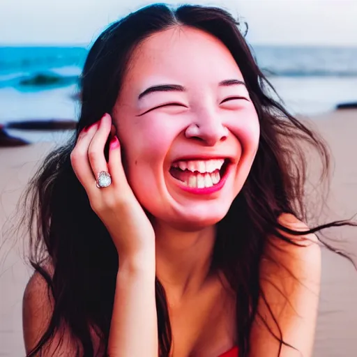 Image similar to beautiful hyperrealism hyperdetailed candid photograph of a cute young woman smiling widely and in happy disbelief because of a marriage proposal, flushed face, red blush, puffy lips, soft features, 8 k, sharp focus, golden hour, beach setting