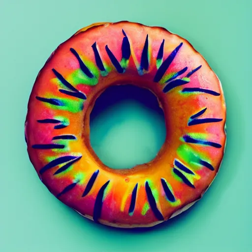 Prompt: Perfectly circular donut!!!!! in the style and shape of a pineapple!!!!!!, blended colors!!!!!, trending on artstation, 4k, 8k, professional photography, overhead shot, 35mm lens