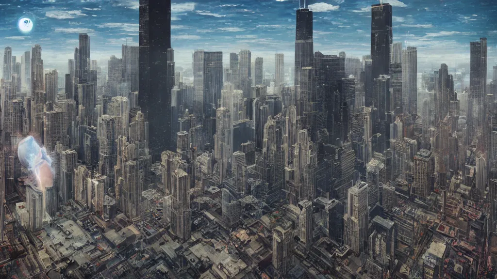 Image similar to there is a monster problem in Chicago, by Alan Bean, Bekzinski and Beeple, 8k, photorealistic