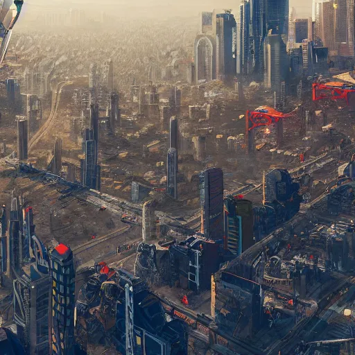 Prompt: bird's eye view of giant robots standing in the middle of a city, highly detailed, digital art, trending on artstation, very beautiful 4 k