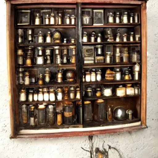 Prompt: apothecary cabinets of curiosities antiques, vintage photo, blade runner, scifi, cfg = 3