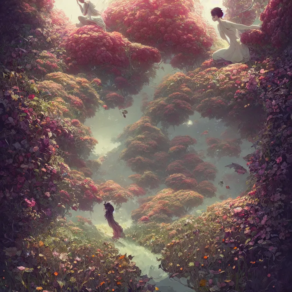 Prompt: A beautiful fantasy field of flowers and leaves, huge petals, highly detailed, epic composition, ultra wide-shot, concept art, beautifully lit, digital painting, sharp focus, elegant, smooth, intricate, artstation, by WLOP and James Jean and Victo Ngai and Ryohei Hase