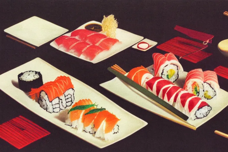 Prompt: sushi advertisment, still life, 1 9 7 0 s japan shouwa advertisement, print, nostalgic