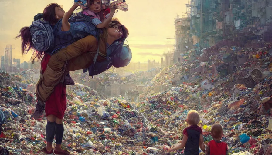 Image similar to mom with child wearingbackpack exploring the garbage dump, city is pure wasteland, sunset in background, detailed characters, alphonse mucha, greg rutkowski, trending on artstation, artgerm, breathtaking, sharp focus, smooth, mark arian, award winning, highly detailed 4 k art