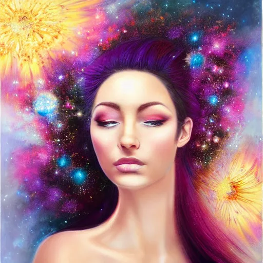 Image similar to beautiful portrait painting of woman with the cosmos as her hair.
