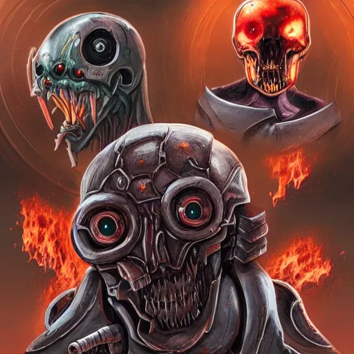 Prompt: undead cyborg head, doom eternal, rat