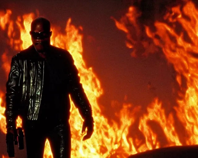 Prompt: Samuel L. Jackson plays Terminator wearing leather jacket and his endoskeleton is visible, walking out of flames