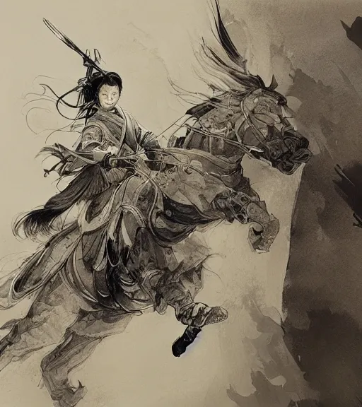 Image similar to hua mulan, pen and ink, intricate line drawings, by craig mullins, ruan jia, kentaro miura, greg rutkowski, loundraw