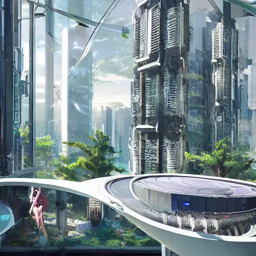 Image similar to a cinematic composition depicting : we're overlooking out of a window how high tech lush solarpunk tribe collaborating with their technologic android helpers are encroaching a cyberpunk resort sauna at sunrise, square lines, ghost in the shell, building architecture by santiago calatrava