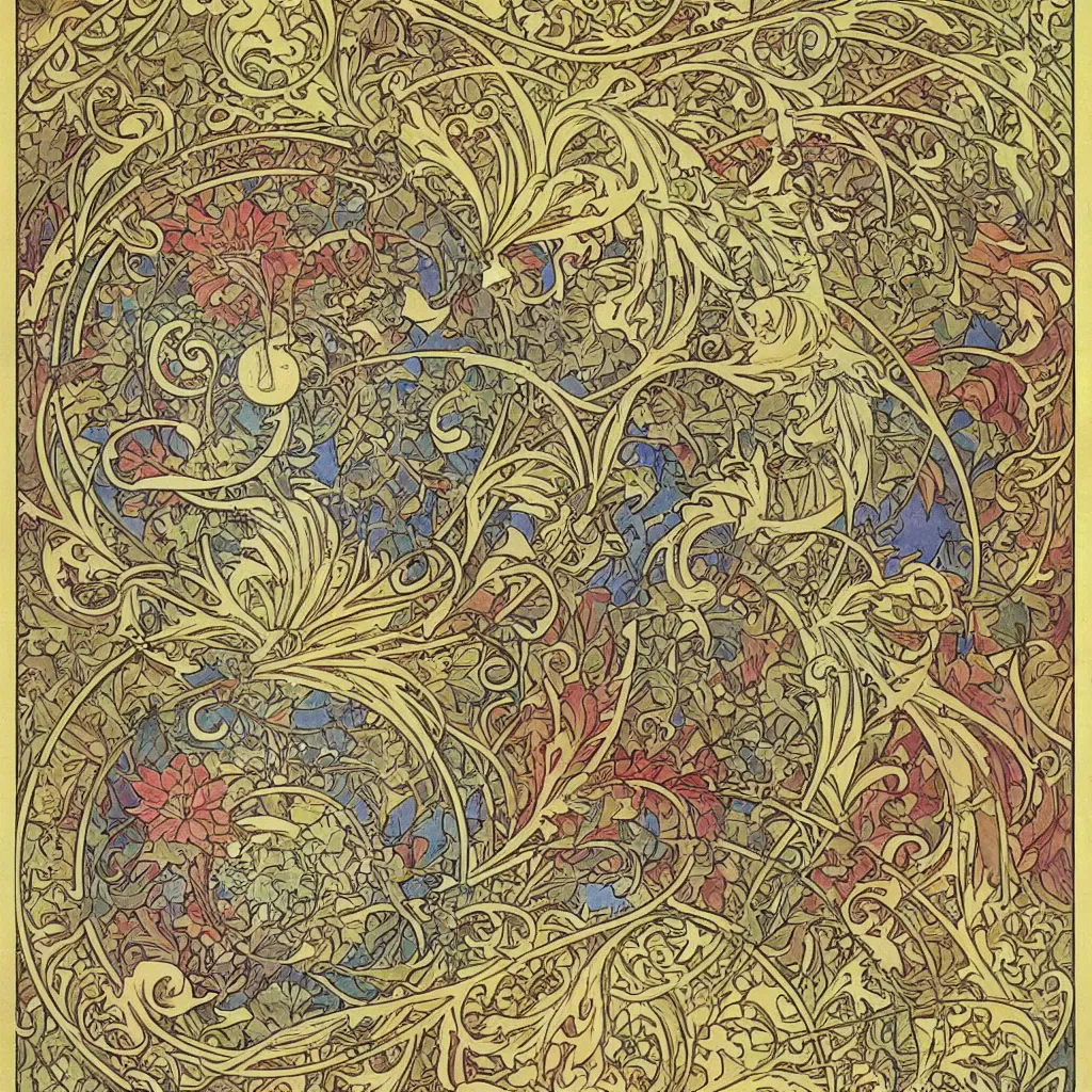 Image similar to colourful detailed ornamental photoreal shaded abstract art nouveau full sized circle, art by alphonse mucha and walter crane and louis sullivan and william morris