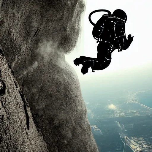 Prompt: Highly detailed photo! of a huge! astronaut! climbing! up a building! (like king kong), jetpack, moving upward, zoom lens