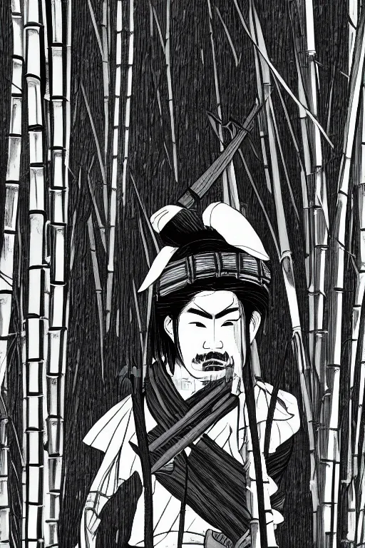 Prompt: close up of samurai warrior in a bamboo forest, an illustration by joe david benzal