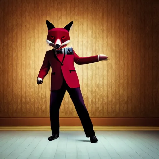 Image similar to realistic ballroom photo of an anthropomorphic fox in a dark red tuxedo