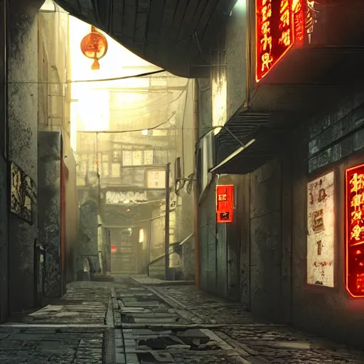 Prompt: a narrow alley with a sign in the middle of it, cyberpunk art by pan tianshou, cgsociety contest winner, shin hanga, unreal engine 5, rendered in unreal engine, unreal engine