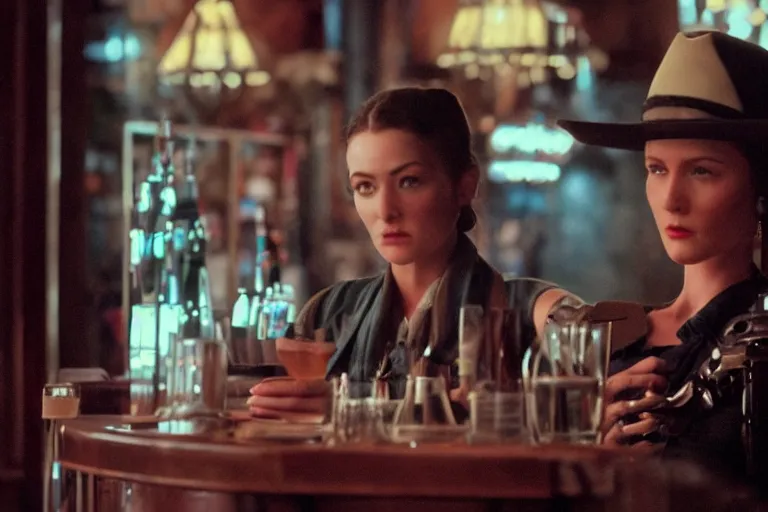 Prompt: cinematography of a beautiful cyborg woman in a vintage western bar alone asking for a drink by Roger Deakins