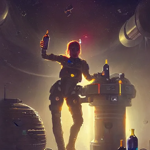 Prompt: a space soldier woman drinking beer from a space station bar, Matte painting , detailed painting, greg rutkowski