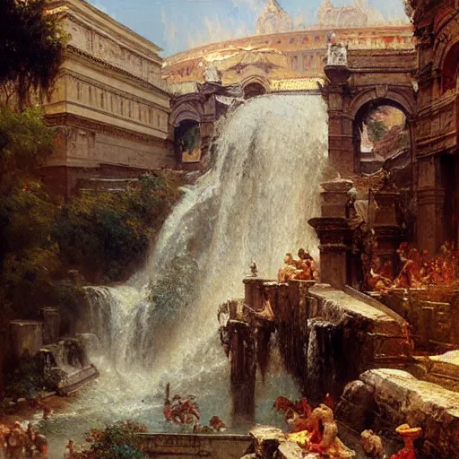 Prompt: waterfall flooding an entire city of rome. highly detailed painting by gaston bussiere, craig mullins, j. c. leyendecker