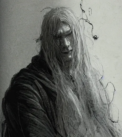 Image similar to portrait of man with long blond hair tied up wearing black robes, pen and ink, intricate line drawings, by craig mullins, ruan jia, kentaro miura, greg rutkowski, loundraw