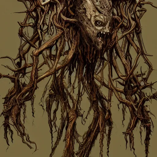 Image similar to detailed concept art of a scary humanoid creature made of roots and mud