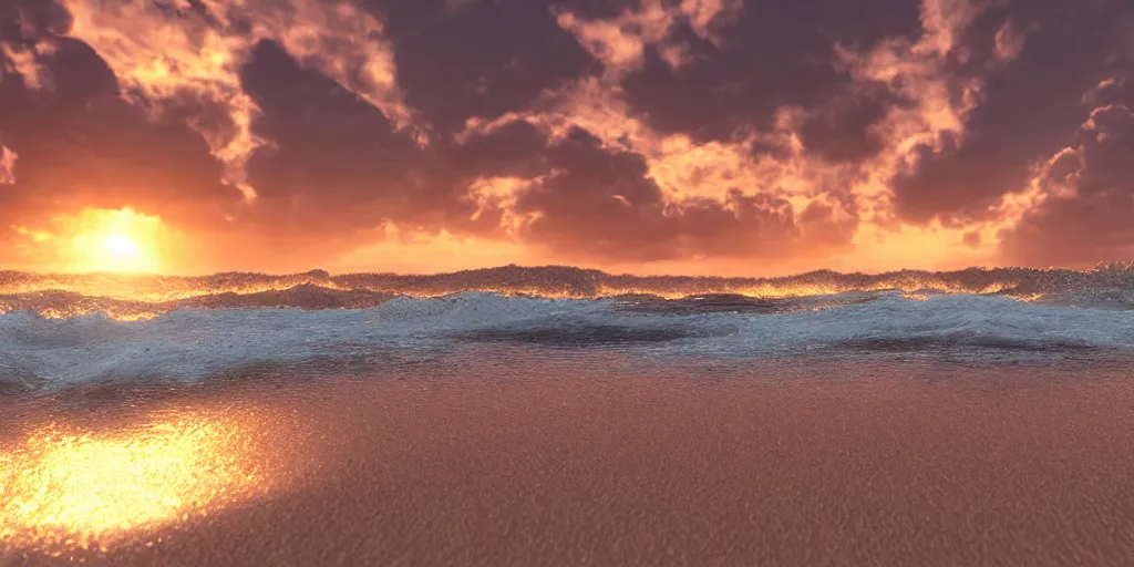 Image similar to a photo of a beach at sunset, turbulent sea, high coherence, highly detailed, high quality, 8K, path tracing, breathtaking landscape, cinematic lighting, concept art, octane render, unreal engine 5, trending on Artstation, soft light, godrays, complementary colors, natural lighting, sand