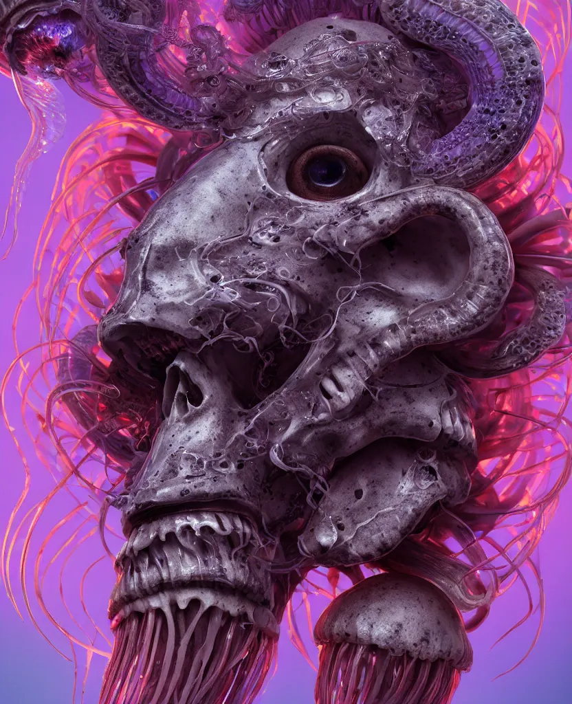 Image similar to goddess close-up portrait ram skull. jellyfish phoenix head, nautilus, orchid, skull, betta fish, bioluminiscent creatures, intricate artwork by Tooth Wu and wlop and beeple. octane render, trending on artstation, greg rutkowski very coherent symmetrical artwork. cinematic, hyper realism, high detail, octane render, 8k