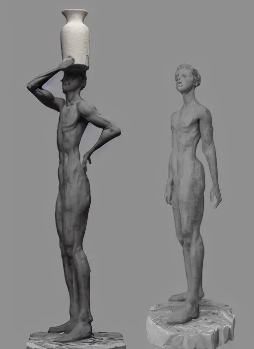 Image similar to a sculpture of a man standing next to a tall vase, a raytraced image by Hikari Shimoda, polycount, video art, vray tracing, ray tracing, rendered in unreal engine