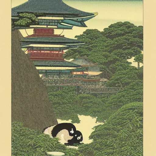 Image similar to a beautiful landscape with tropical islands and pandas on it, Kawase, Hasui