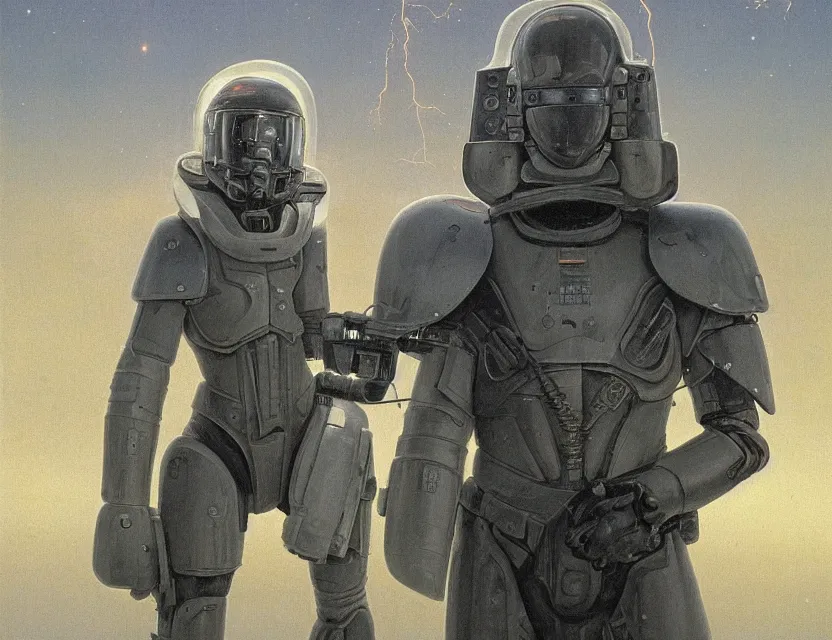 Image similar to a detailed portrait painting of a lone bounty hunter wearing combat armour and a reflective visor. Head and chest only. Movie scene, cinematic sci-fi scene. Flight suit, cloth and metal, accurate anatomy. portrait symmetrical and science fiction theme with lightning, aurora lighting. clouds and stars. Futurism by beksinski carl spitzweg moebius and tuomas korpi. baroque elements. baroque element. intricate artwork by caravaggio. Oil painting. Trending on artstation. 8k