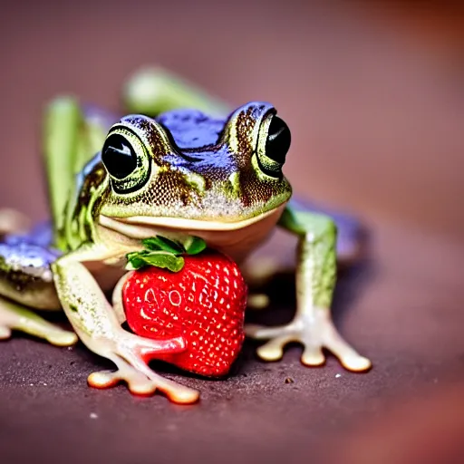 Prompt: a cute frog eating a strawberry, HDR