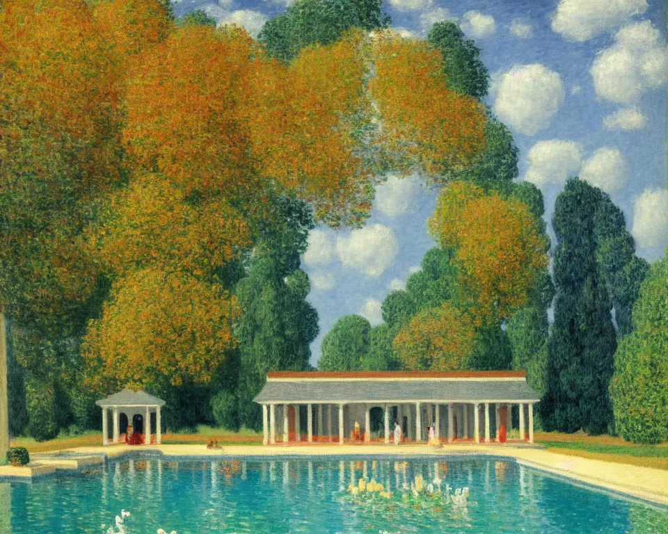 Image similar to achingly beautiful painting of a sophisticated, well - decorated pool house in fall by rene magritte, monet, and turner.