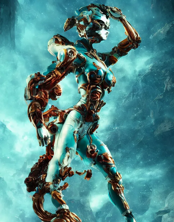 Prompt: positing on rock biopunk asian goddess full lenght view. super hero pose. woman wearing a helmet. white plastic, human skull, swollen muscles, tumors, veins, biopunk elements. halo. octane rendering, cinematic, hyperrealism, octane rendering, 8k, depth of field, bokeh. iridescent accents. vibrant. teal gold and red color scheme