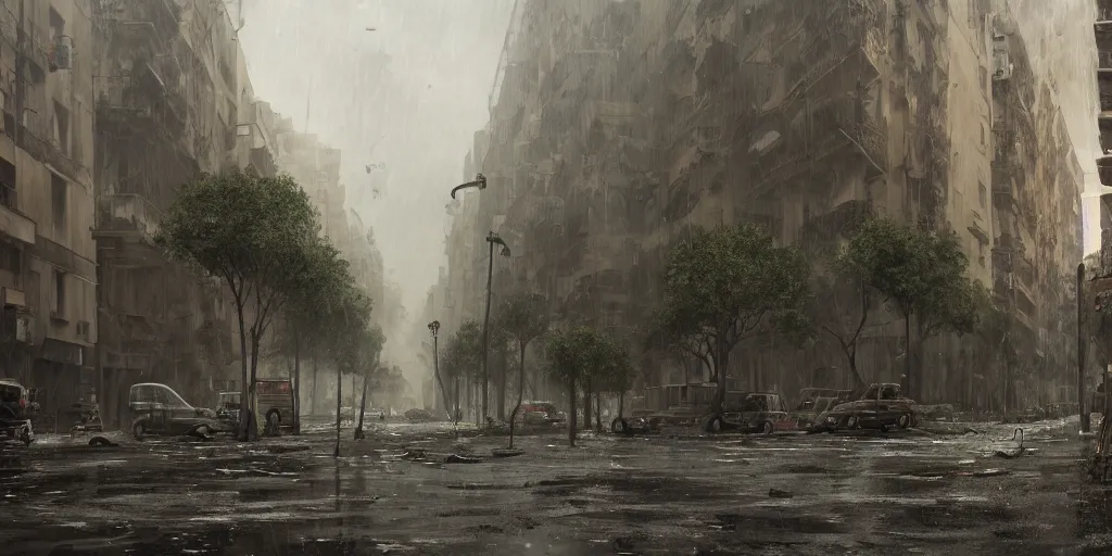 Image similar to the streets of post apocalyptic barcelona covered in really dense wild vegetation, raining, trending on artstation, photorealistic, ultra detailed, high definition, moody, depth of field