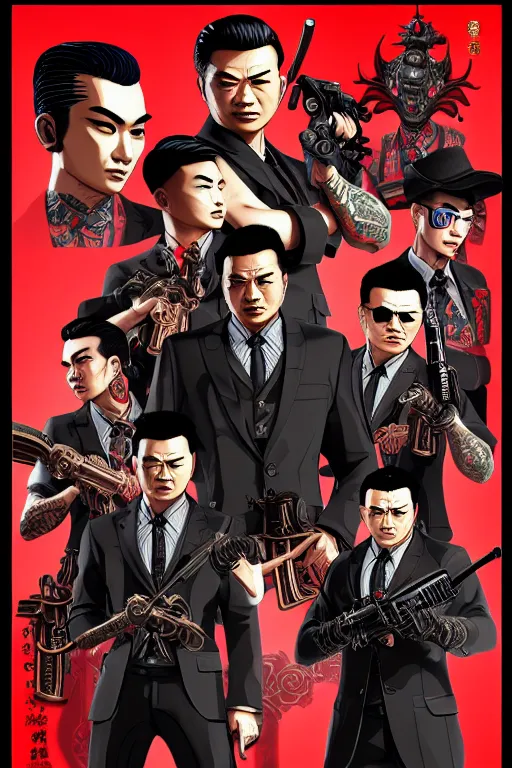 Prompt: 8 k uhd chinese mafia gang use black suit, riffle, some of them shirtless with full body of traditional tatto, other use gask m, dragon lovo, photogroup pop art, art of jock hc art style, bioshock art style, gta chinatown art style, 8 k uhd character details, by artgerm, mimmo rottela