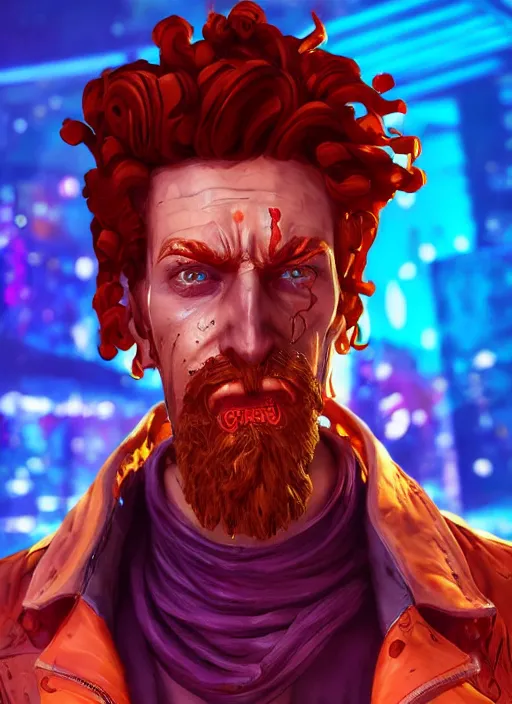 Image similar to retrowave portrait of curly orange hair man from borderlands 3, au naturel, hyper detailed, digital art, trending in artstation, cinematic lighting, studio quality, smooth render, unreal engine 5 rendered, octane rendered, art style by klimt and nixeu and ian sprigger and wlop and krenz cushart.