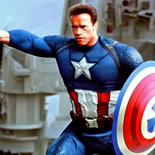 Image similar to Arnold Schwarzenegger playing Captain America on The Avengers