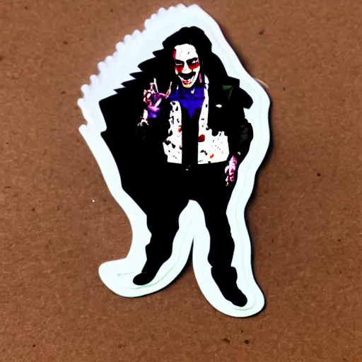 Image similar to die cut sticker, walter white wearing the joker outfit, splatter paint