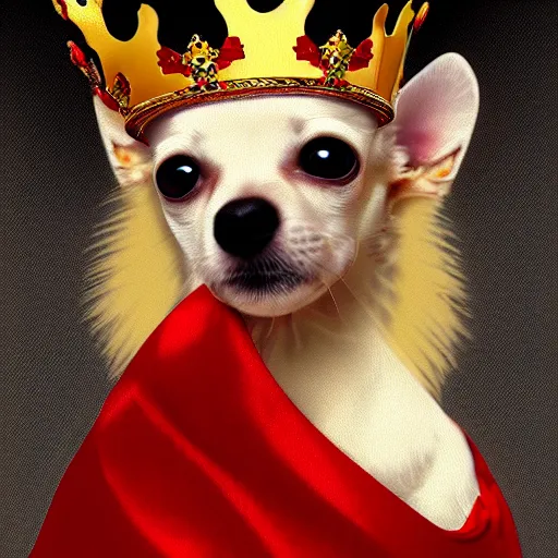 Image similar to white chihuahua king wearing a red and gold crown cinematic composition, digital art, cute