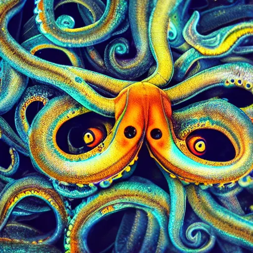 Image similar to fiery whimsical emotional eyes cephalopod, in a photorealistic macro photograph with shallow dof, in the deepest seas of the unconscious psyche