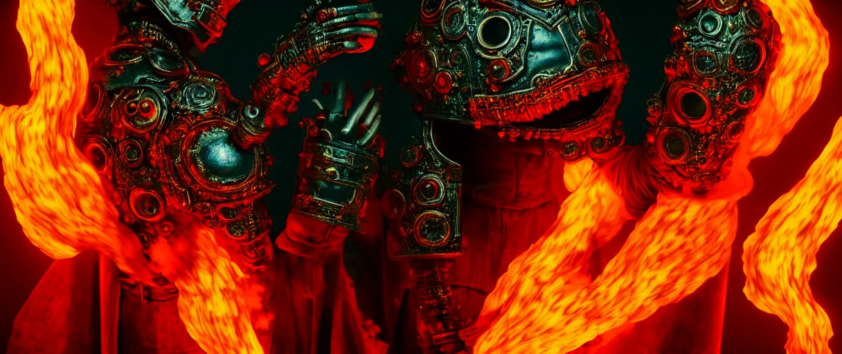 Image similar to hyperrealist highly detailed english medieval portrait of high fashion monster wearing flame fire smoke flame armor, radiating atomic neon corals, veiny network growth with neon uranium pattern, concept art pascal blanche dramatic studio lighting 8k wide angle shallow depth of field