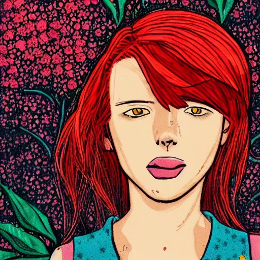 Image similar to colorful, detailed, comic, depicting an infp girl with red hair, amid nature