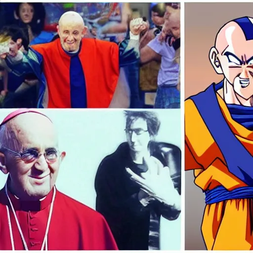 Prompt: a dragon ball z fusion dance between the pope and john lennon.