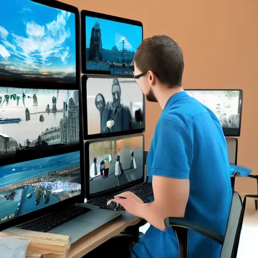 Prompt: photo person using a computer, background | in the background appears a 3d illustration of the world interconnected by the internet