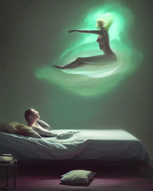 Prompt: a woman floating abover her bed at night, astral projection, green smoke surreal concept art, lifelike, photorealistic, digital painting, aesthetic, smooth, sharp focus, artstation hd, artgerm and by greg rutkowski, bruce pennington, valentina remenar, rhads, asher duran,